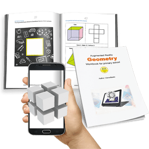 3D cube popping out of a mobile. Geometry workbook in the background