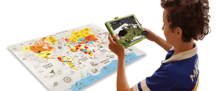 child exploring animals in africe with 3D interactive Augmented Reality