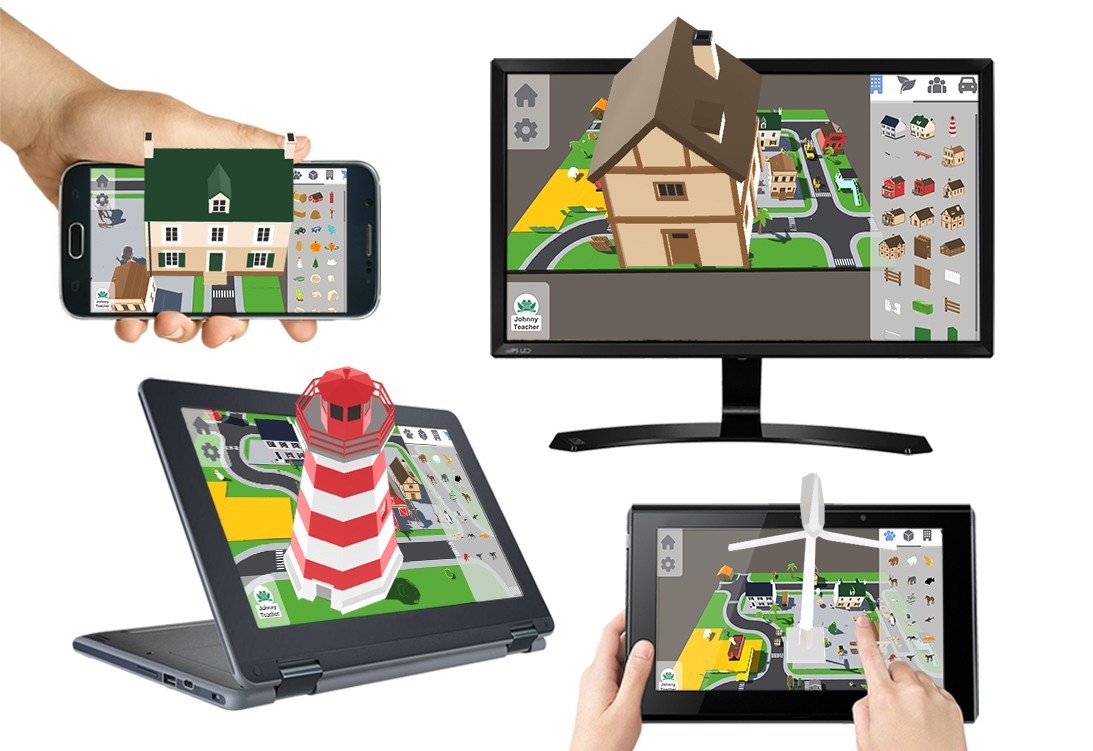 a composition of images depicting the creation of AR environments: different types of 3D buildings popping out of all kinds of devices